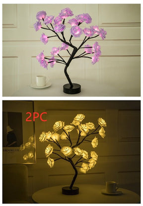 Rose Flower Lamp USB Battery Operated LED Table Lamp Bonsai Tree Night Lights Garland Bedroom Decoration Lights Home Decor 0 HomeSpark 2PCBY1Purple black  