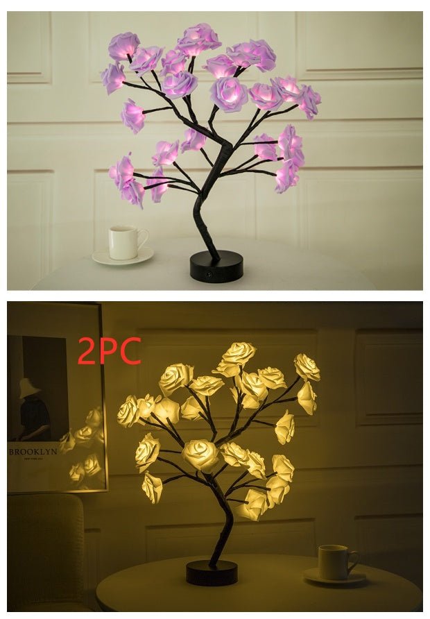 Rose Flower Lamp USB Battery Operated LED Table Lamp Bonsai Tree Night Lights Garland Bedroom Decoration Lights Home Decor 0 HomeSpark 2PCBY1Purple black  