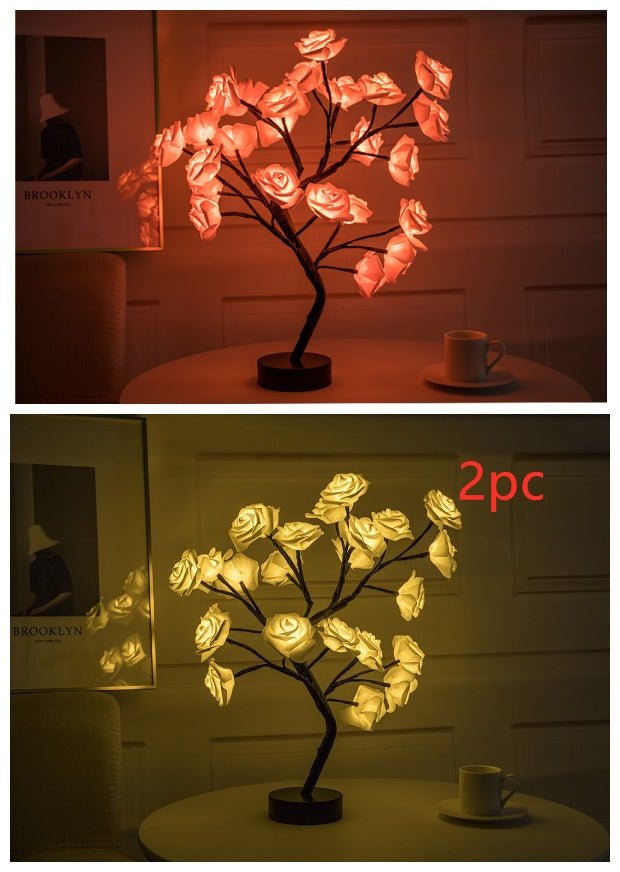 Rose Flower Lamp USB Battery Operated LED Table Lamp Bonsai Tree Night Lights Garland Bedroom Decoration Lights Home Decor 0 HomeSpark 2PCBY1Pink black  