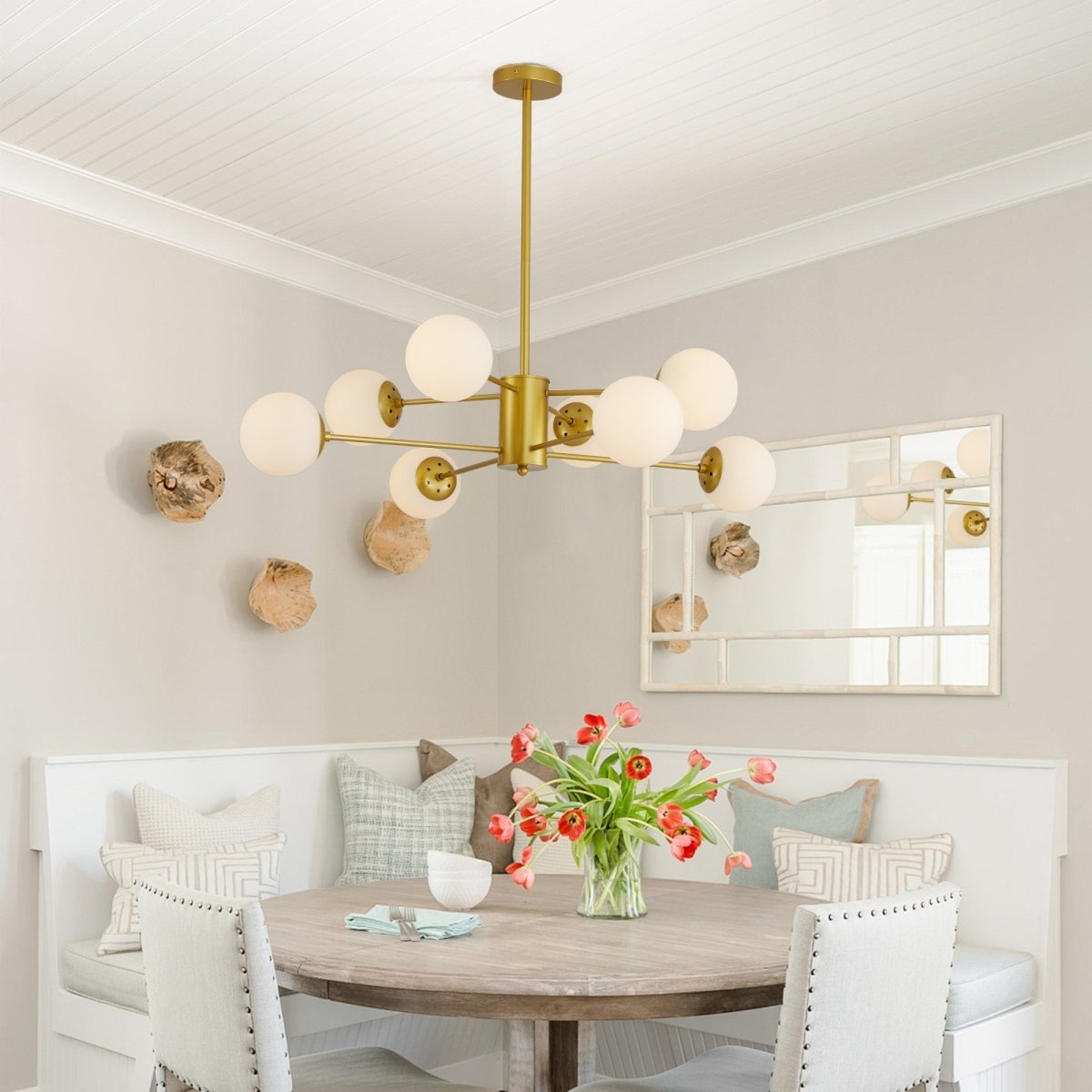 Modern 8-Light Gold Chandelier with White Glass Globe Shades, - Lilishomespark