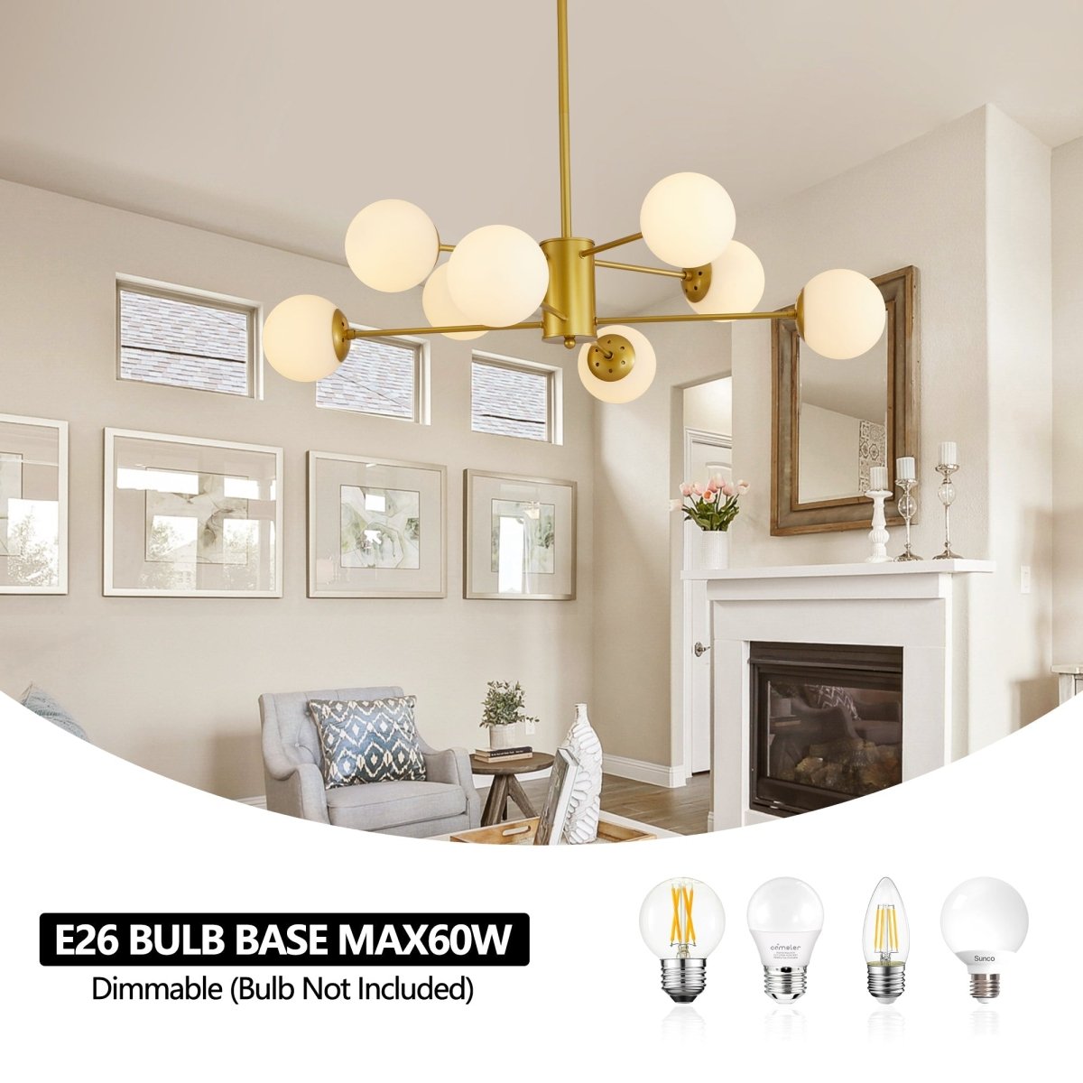 Modern 8-Light Gold Chandelier with White Glass Globe Shades, - Lilishomespark