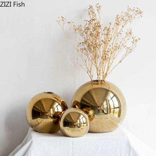 Plating Golden Ball Ceramic Vase Home Decor Copper Pallas Small  