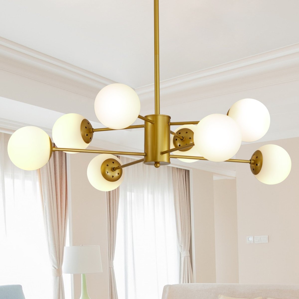 Modern 8-Light Gold Chandelier with White Glass Globe Shades, - Lilishomespark