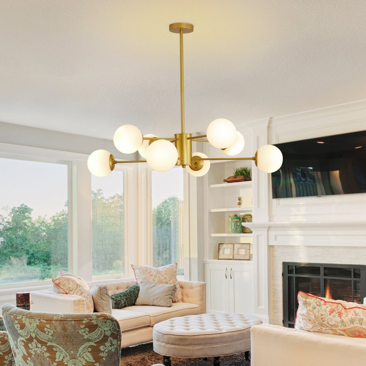 Modern 8-Light Gold Chandelier with White Glass Globe Shades, - Lilishomespark