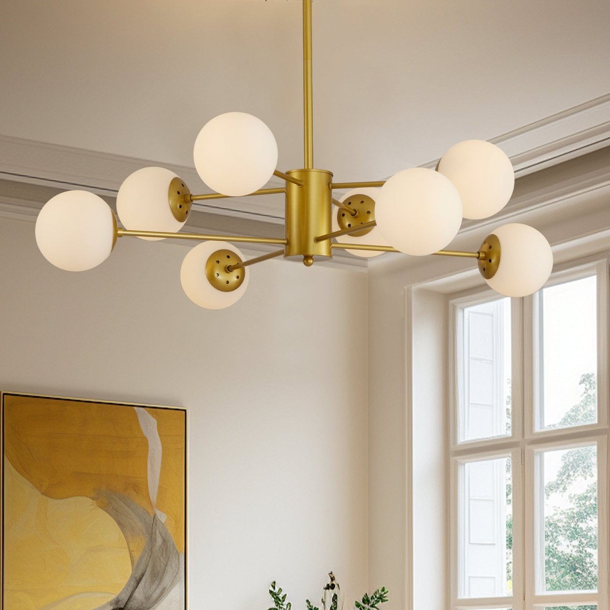 Modern 8-Light Gold Chandelier with White Glass Globe Shades, - Lilishomespark