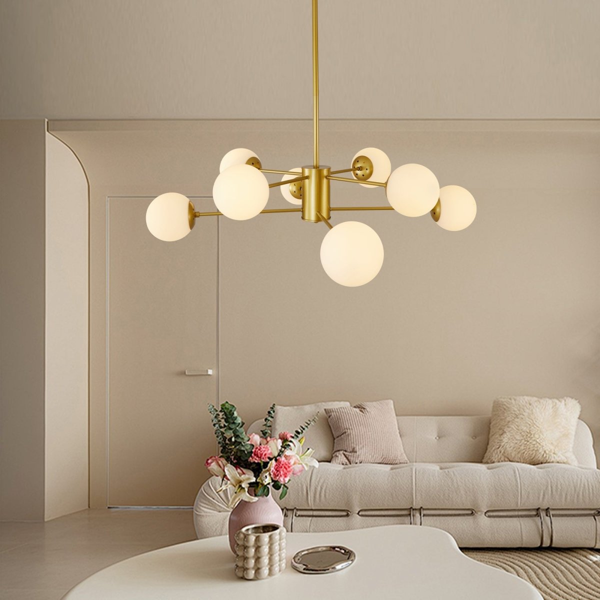 Modern 8-Light Gold Chandelier with White Glass Globe Shades, - Lilishomespark