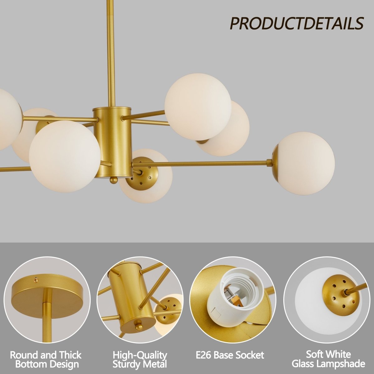 Modern 8-Light Gold Chandelier with White Glass Globe Shades, - Lilishomespark