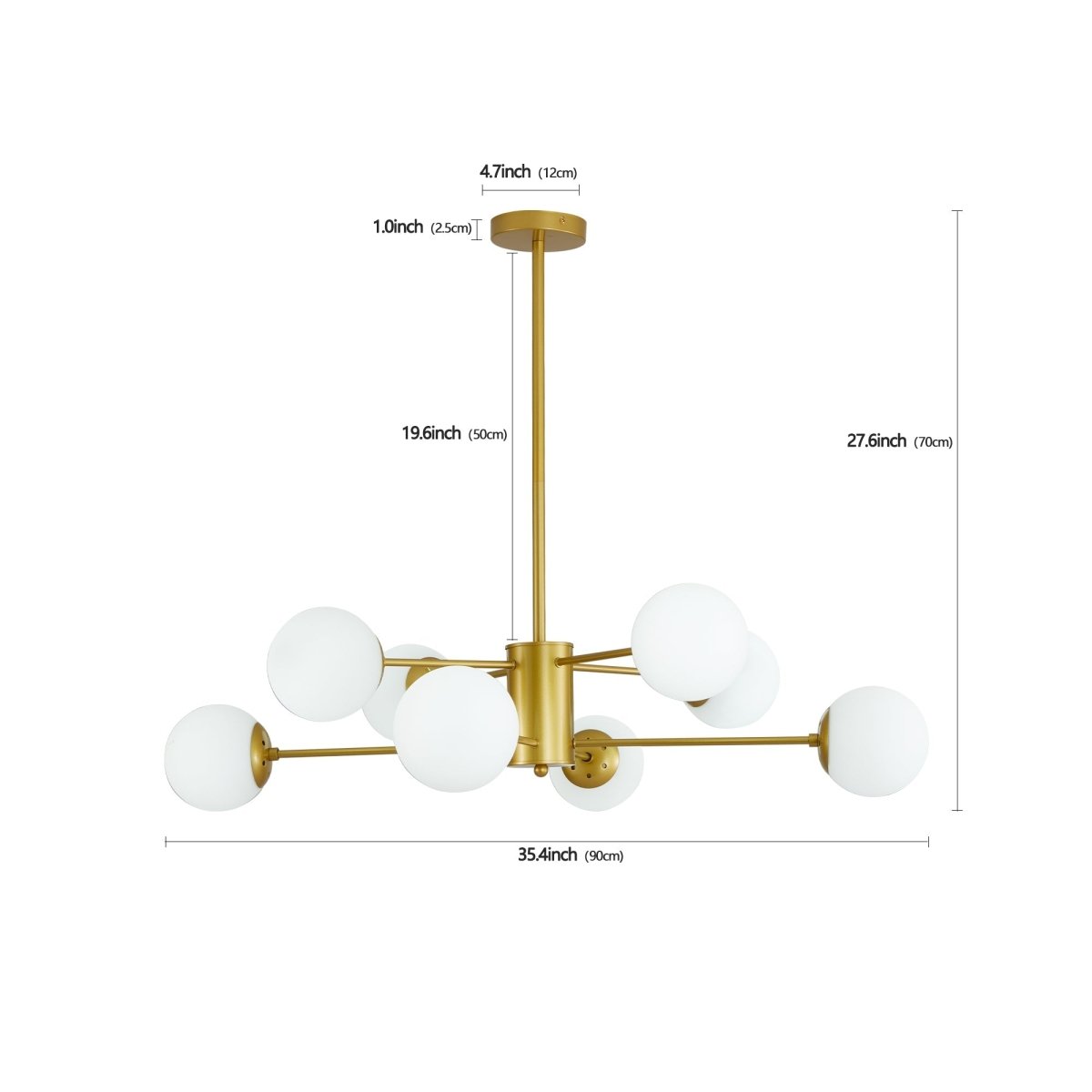 Modern 8-Light Gold Chandelier with White Glass Globe Shades, - Lilishomespark