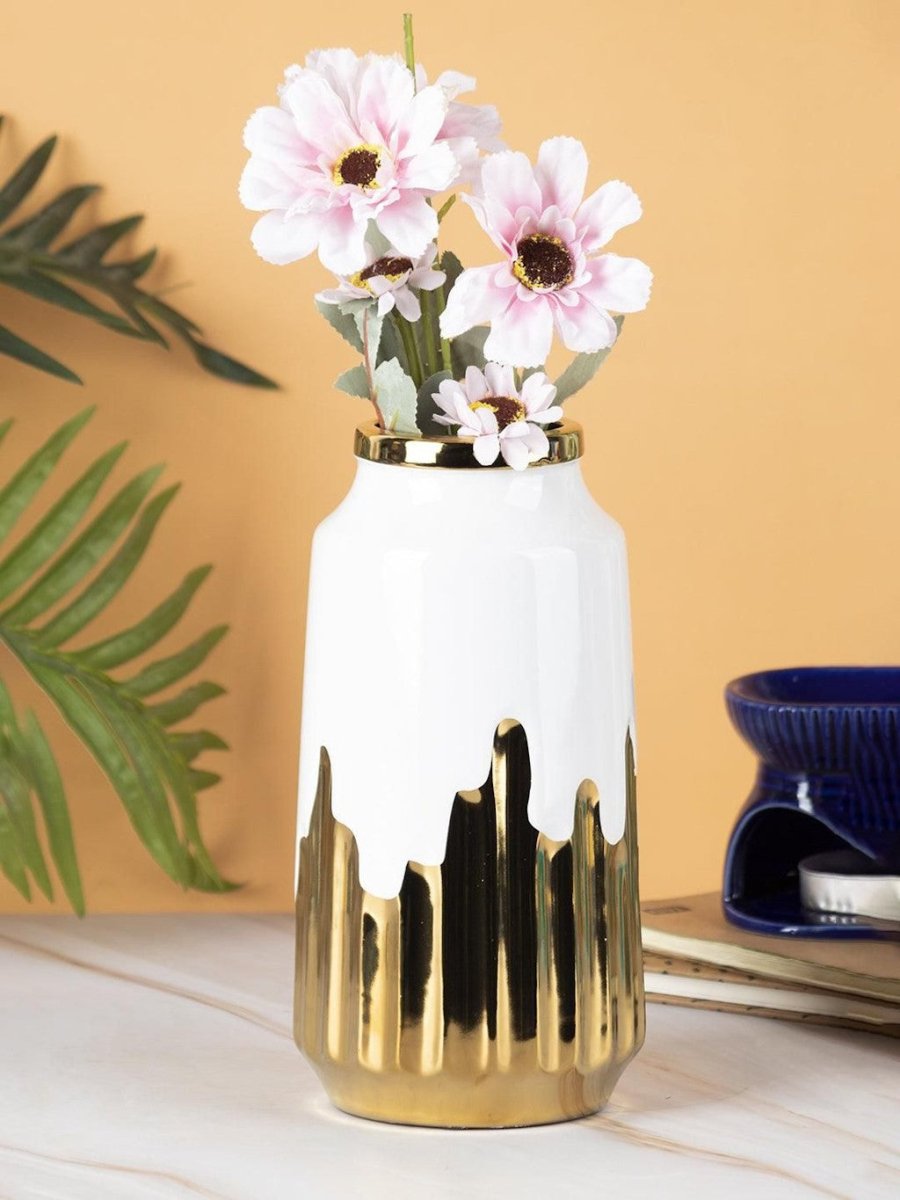 Ceramic White +Gold Cylindrical Vase - Lilishomespark