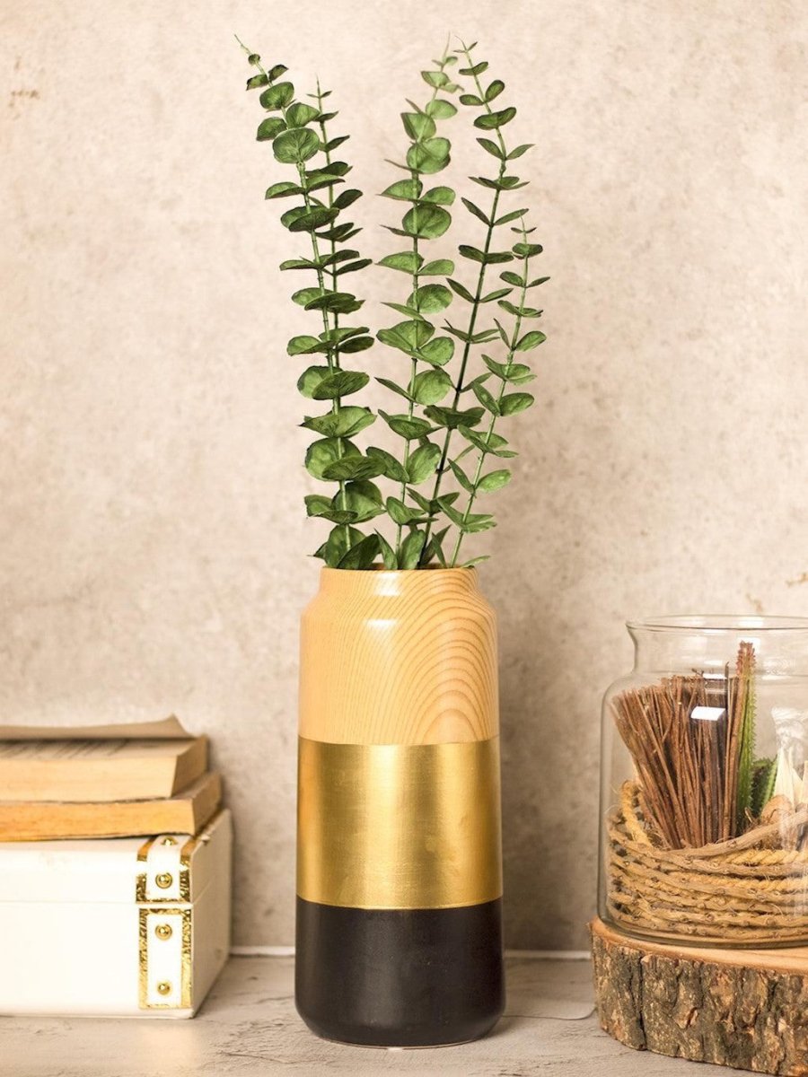 Stylish Ceramic Vase - Wooden, White & Golden, Contemporary Design - Lilishomespark