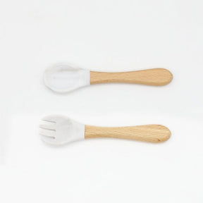 Baby Food Grade Wooden Handles Silicone Spoon Fork Cutlery Kids & Babies Chocolate Lily White Average Size (0-8Y） 