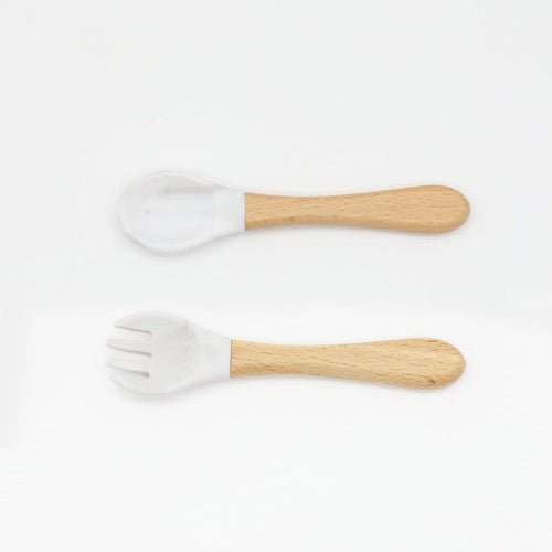 Baby Food Grade Wooden Handles Silicone Spoon Fork Cutlery Kids & Babies Chocolate Lily White Average Size (0-8Y） 