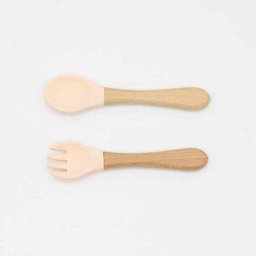 Baby Food Grade Wooden Handles Silicone Spoon Fork Cutlery Kids & Babies Chocolate Lily Beige Average Size (0-8Y） 