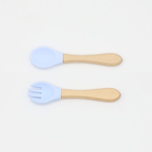 Baby Food Grade Wooden Handles Silicone Spoon Fork Cutlery Kids & Babies Chocolate Lily Light Blue Average Size (0-8Y） 