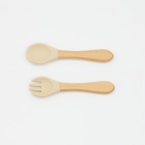 Baby Food Grade Wooden Handles Silicone Spoon Fork Cutlery Kids & Babies Chocolate Lily Apricot Average Size (0-8Y） 