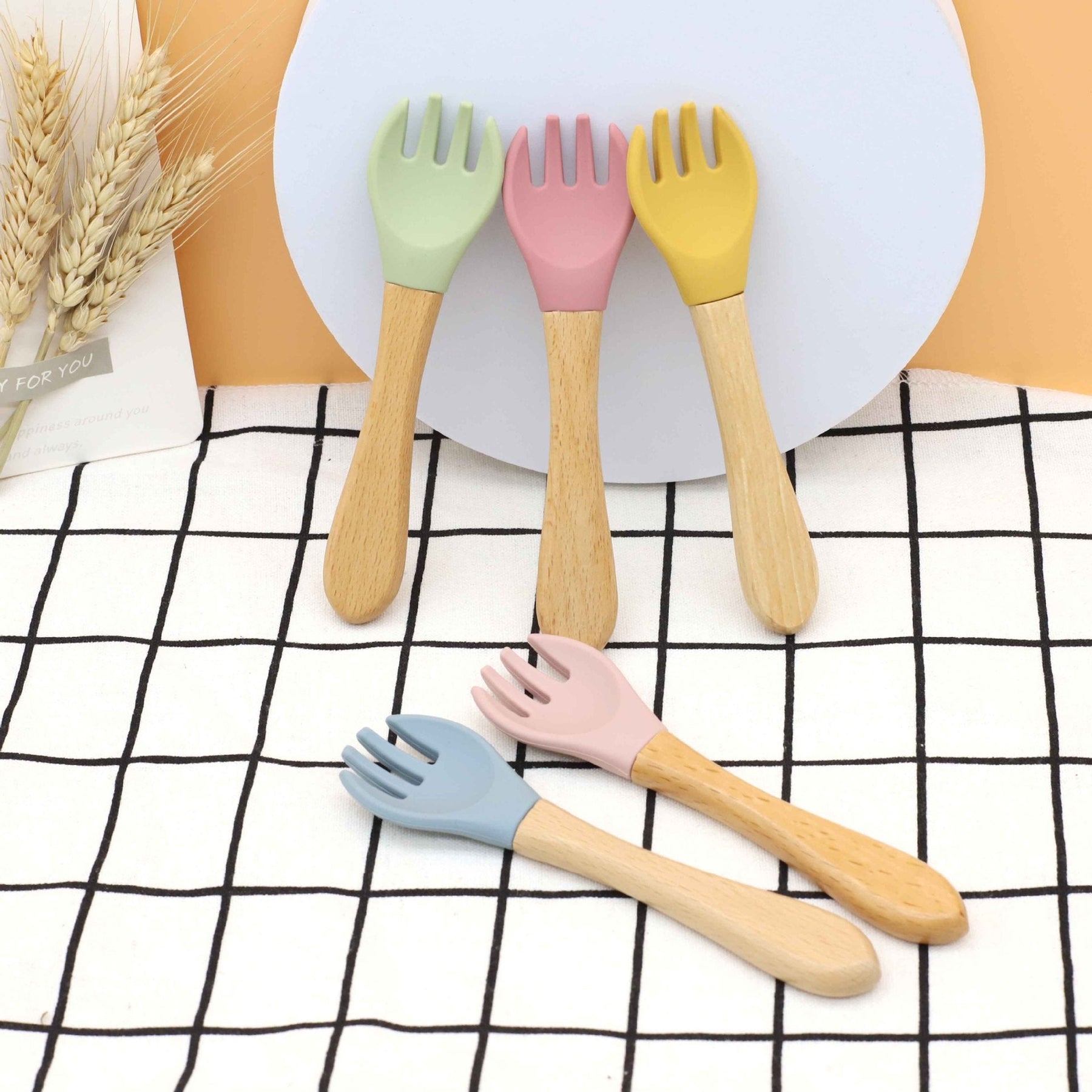 Baby Food Grade Wooden Handles Silicone Spoon Fork Cutlery Kids & Babies Chocolate Lily   