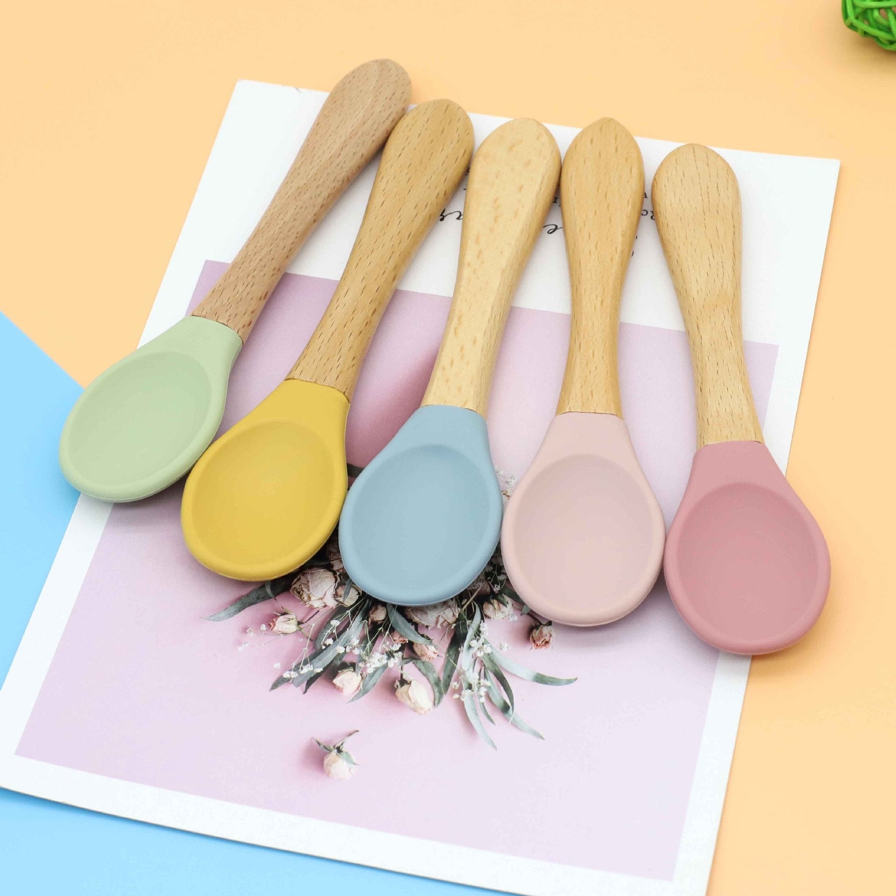 Baby Food Grade Wooden Handles Silicone Spoon Fork Cutlery Kids & Babies Chocolate Lily   