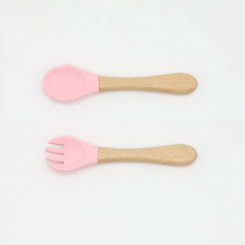 Baby Food Grade Wooden Handles Silicone Spoon Fork Cutlery Kids & Babies Chocolate Lily Pink Average Size (0-8Y） 