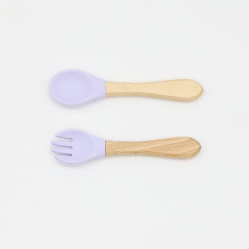 Baby Food Grade Wooden Handles Silicone Spoon Fork Cutlery Kids & Babies Chocolate Lily Purple Average Size (0-8Y） 