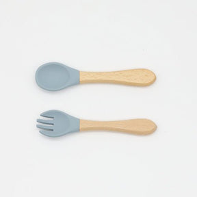 Baby Food Grade Wooden Handles Silicone Spoon Fork Cutlery Kids & Babies Chocolate Lily Blue Average Size (0-8Y） 