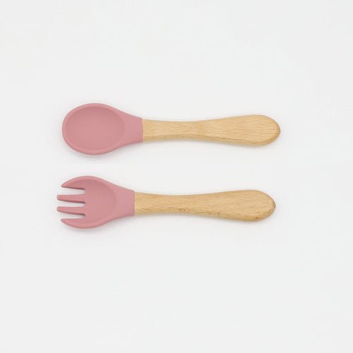 Baby Food Grade Wooden Handles Silicone Spoon Fork Cutlery Kids & Babies Chocolate Lily Red Average Size (0-8Y） 