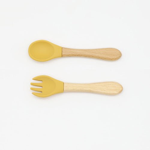 Baby Food Grade Wooden Handles Silicone Spoon Fork Cutlery Kids & Babies Chocolate Lily Yellow Average Size (0-8Y） 